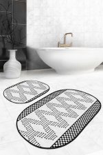 - RealHomes - Realhomes  Siyah Beyaz İskandinav Motifli 2'li Oval Kaymaz Tabanlı Klozet Paspas Takımı & Banyo Halı Seti Realhomes