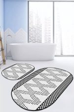 - RealHomes - Realhomes  Siyah Beyaz İskandinav Motifli 2'li Oval Kaymaz Tabanlı Klozet Paspas Takımı & Banyo Halı Seti Realhomes
