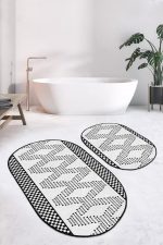 - RealHomes - Realhomes  Siyah Beyaz İskandinav Motifli 2'li Oval Kaymaz Tabanlı Klozet Paspas Takımı & Banyo Halı Seti Realhomes