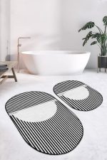 - RealHomes - Realhomes Siyah Beyaz Çizgili Desen 2'li Oval Kaymaz Tabanlı Banyo Paspas Takımı & Mutfak Paspas Seti Realhomes