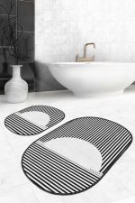- RealHomes - Realhomes Siyah Beyaz Çizgili Desen 2'li Oval Kaymaz Tabanlı Banyo Paspas Takımı & Mutfak Paspas Seti Realhomes