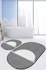 - RealHomes - Realhomes Siyah Beyaz Çizgili Desen 2'li Oval Kaymaz Tabanlı Banyo Paspas Takımı & Mutfak Paspas Seti Realhomes