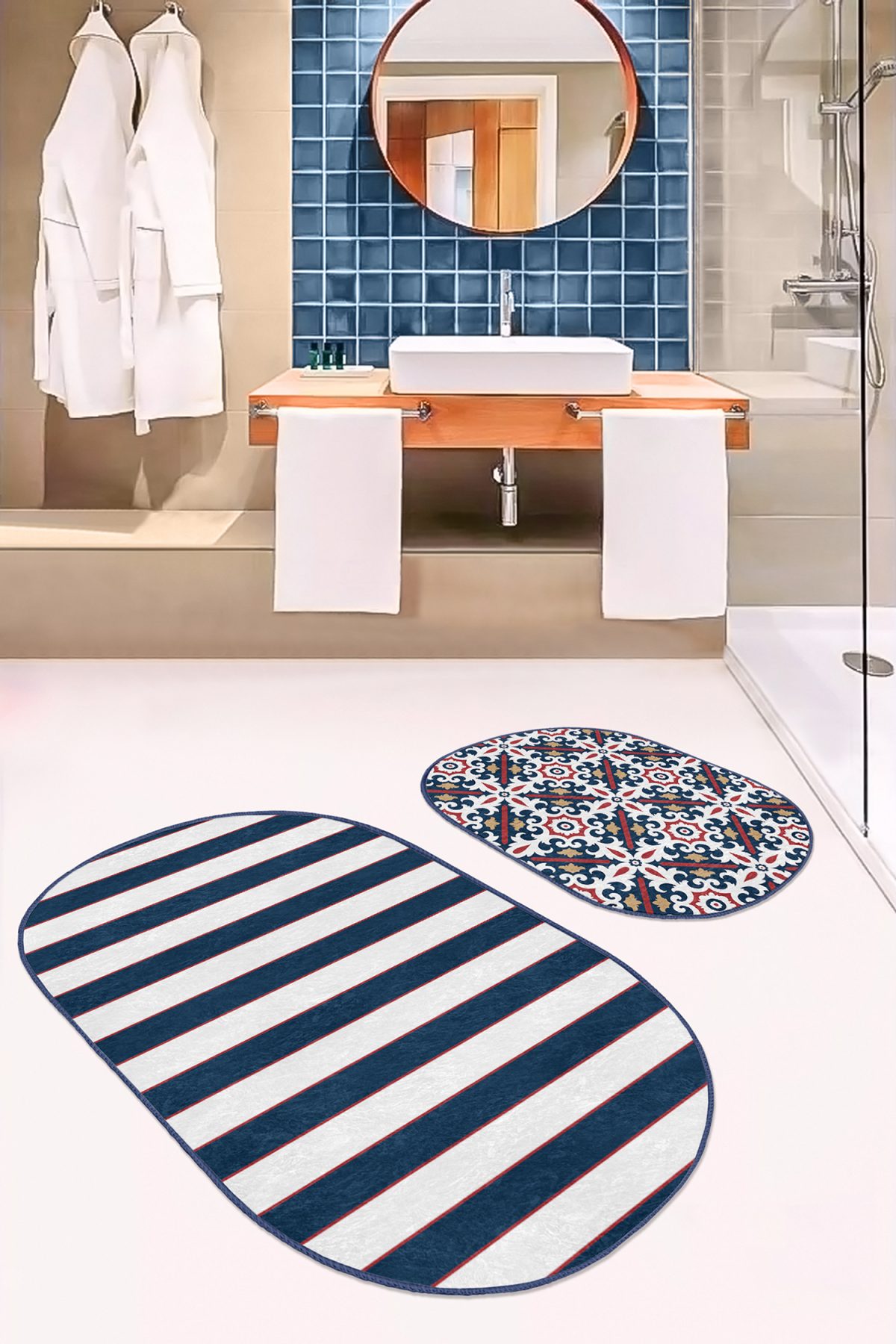 Lacivert Geometrik Çizim Düz Çizgili 2'li Oval Banyo Paspas Takımı & Mutfak Paspas Takımı Realhomes