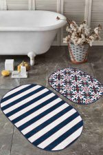 - RealHomes - Realhomes  Lacivert Geometrik Çizim Düz Çizgili 2'li Oval Banyo Paspas Takımı & Mutfak Paspas Takımı Realhomes