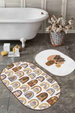 - RealHomes - Realhomes  Bohem Motifli Etnik 2'li Oval Kaymaz Tabanlı Banyo Paspas Seti & Klozet Paspas Takımı Realhomes