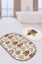 - RealHomes - Realhomes  Bohem Motifli Etnik 2'li Oval Kaymaz Tabanlı Banyo Paspas Seti & Klozet Paspas Takımı Realhomes