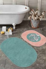 - RealHomes - Realhomes  Düz Renk Zeminli Çiçek Detaylı 2'li Oval Kaymaz Tabanlı Paspas Takımı & Mutfak Paspas Seti Realhomes