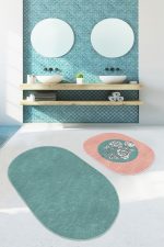 - RealHomes - Realhomes  Düz Renk Zeminli Çiçek Detaylı 2'li Oval Kaymaz Tabanlı Paspas Takımı & Mutfak Paspas Seti Realhomes