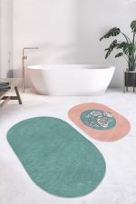 - RealHomes - Realhomes  Düz Renk Zeminli Çiçek Detaylı 2'li Oval Kaymaz Tabanlı Paspas Takımı & Mutfak Paspas Seti Realhomes