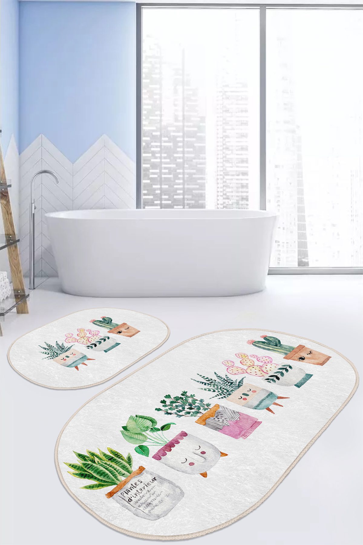 Sevimli Saksılı Çiçekler Özel Tasarım 2'li Oval Banyo Paspas Seti & Mutfak Paspas Takımı Realhomes
