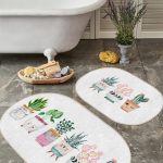 Geometrik Lacivert Çizimli 2'li Oval Kaymaz Tabanlı Banyo Halı Takılı & Klozet Paspas Seti Realhomes