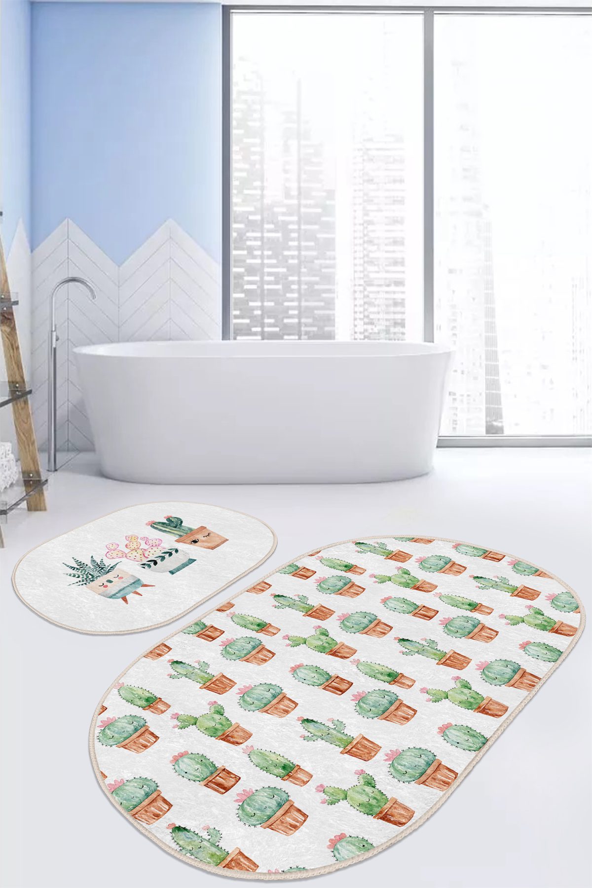 Kaktüs Motifli Özel Tasarım 2'li Oval Kaymaz Tabanlı Banyo Halı Seti & Mutfak Paspas Takımı Realhomes