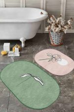 - RealHomes - Realhomes  Düz Renkli Zemin Çiçek Motifli 2'li Oval Kaymaz Tabanlı Banyo Paspas Takımı & Klozet Paspas Seti Realhomes