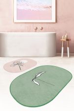 - RealHomes - Realhomes  Düz Renkli Zemin Çiçek Motifli 2'li Oval Kaymaz Tabanlı Banyo Paspas Takımı & Klozet Paspas Seti Realhomes