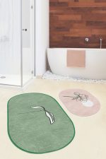 - RealHomes - Realhomes  Düz Renkli Zemin Çiçek Motifli 2'li Oval Kaymaz Tabanlı Banyo Paspas Takımı & Klozet Paspas Seti Realhomes