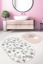 - RealHomes - Realhomes  Tropik Çiçek Motifli 2'li Oval Kaymaz Tabanlı Banyo Paspas Takımı & Mutfak Paspas Seti Realhomes