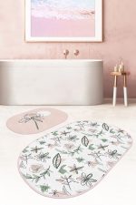 - RealHomes - Realhomes  Tropik Çiçek Motifli 2'li Oval Kaymaz Tabanlı Banyo Paspas Takımı & Mutfak Paspas Seti Realhomes