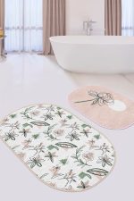 - RealHomes - Realhomes  Tropik Çiçek Motifli 2'li Oval Kaymaz Tabanlı Banyo Paspas Takımı & Mutfak Paspas Seti Realhomes