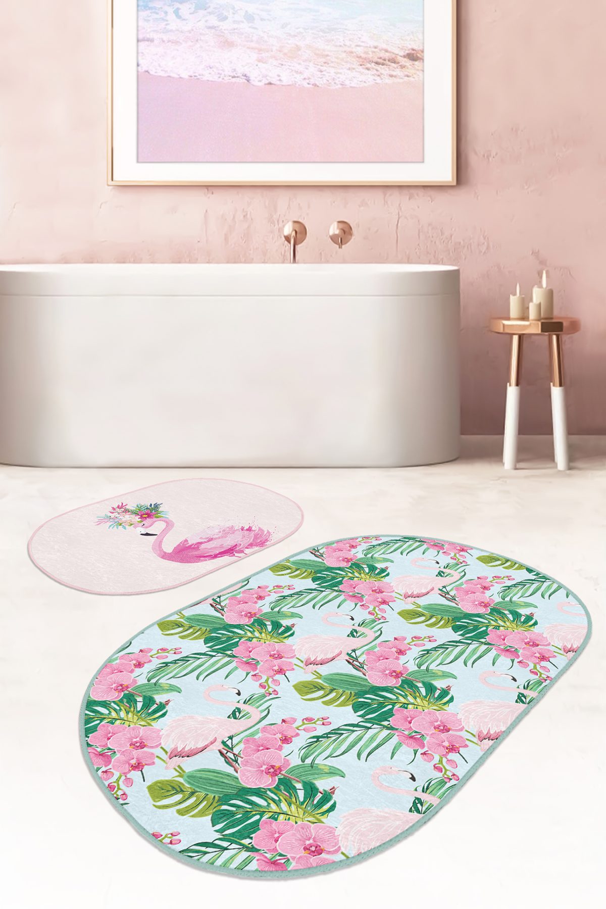 Flamingo Motifli Renkli 2'li Oval Kaymaz Tabanlı Banyo Paspas Takımı & Banyo Halı Seti Realhomes