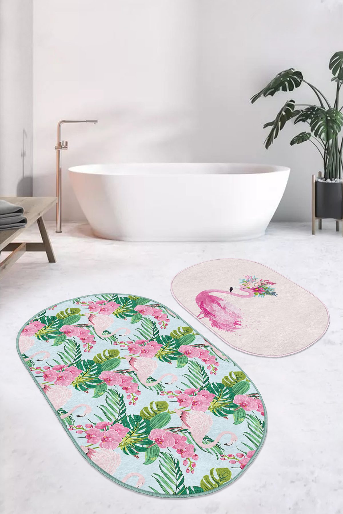 Flamingo Motifli Renkli 2'li Oval Kaymaz Tabanlı Banyo Paspas Takımı & Banyo Halı Seti Realhomes