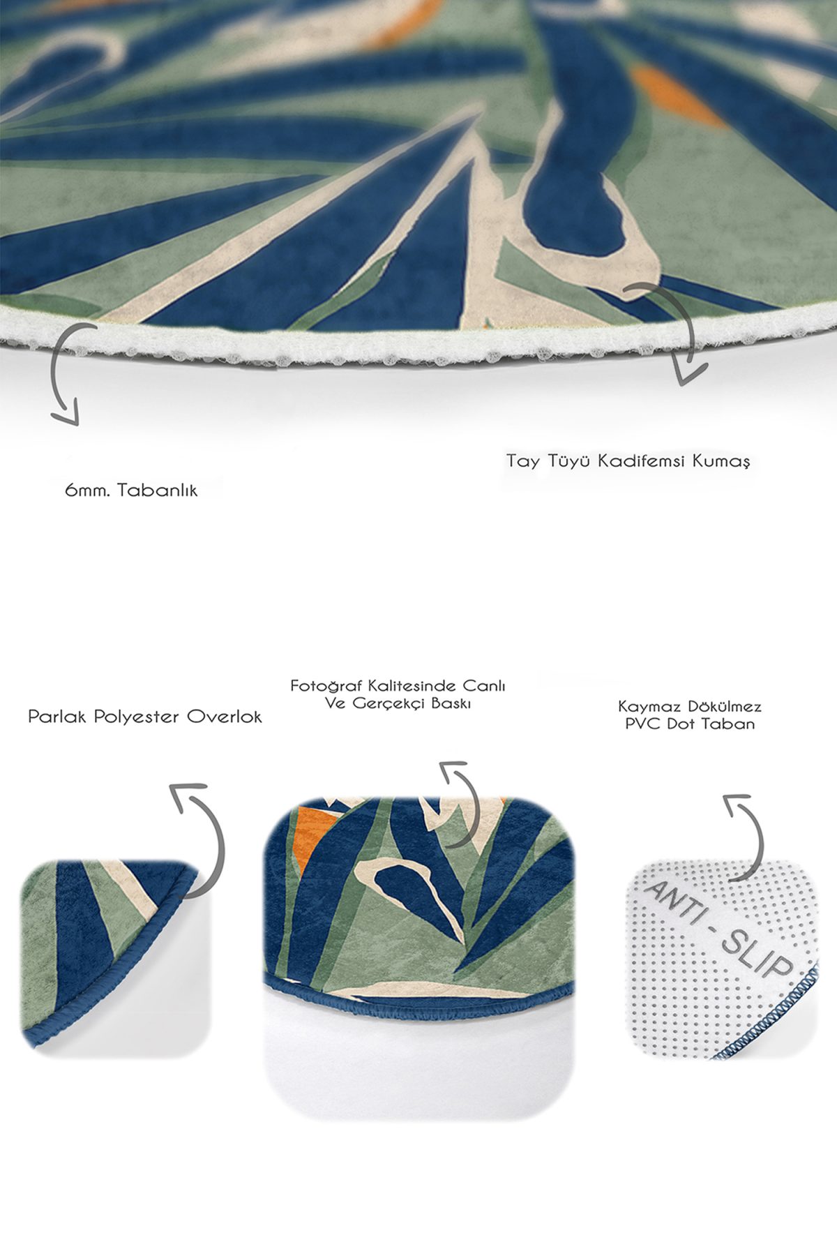 Ebru Sanatı Yaprak Tasarımlı 2'li Oval Kaymaz Tabanlı Mutfak Halı Seti & Banyo Paspas Takımı Realhomes