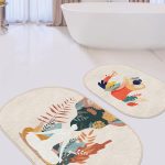 Beyaz Zemin Ekose Çam Ağaçları Özel Tasarım 2'li Oval Kaymaz Tabanlı Banyo & Mutfak Paspas Takımı Realhomes