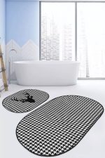 - RealHomes - Realhomes  Balıksırtı Zemin Geyik Motifli 2'li Oval Kaymaz Tabanlı Banyo Paspas Takımı & Klozet Paspas Seti Realhomes