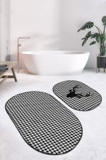 - RealHomes - Realhomes  Balıksırtı Zemin Geyik Motifli 2'li Oval Kaymaz Tabanlı Banyo Paspas Takımı & Klozet Paspas Seti Realhomes