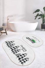 - RealHomes - Realhomes  Ekose Çam Ağacı Christmas Temalı 2'li Oval Kaymaz Tabanlı Banyo Halı Seti & Mutfak Halı Takımı Realhomes