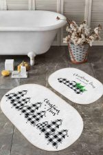 - RealHomes - Realhomes  Ekose Çam Ağacı Christmas Temalı 2'li Oval Kaymaz Tabanlı Banyo Halı Seti & Mutfak Halı Takımı Realhomes