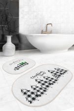 - RealHomes - Realhomes  Ekose Çam Ağacı Christmas Temalı 2'li Oval Kaymaz Tabanlı Banyo Halı Seti & Mutfak Halı Takımı Realhomes