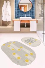 İskandinav Düz Çizgili 2'li Oval Kaymaz Tabanlı Banyo Halı Seti & Klozet Paspas Takımı Realhomes