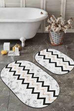 - RealHomes - Realhomes Mermer Zemin Zigzag Motifli 2'li Oval Kaymaz Tabanlı Banyo Paspas Takımı & Mutfak Paspas Seti Realhomes