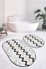 - RealHomes - Realhomes Mermer Zemin Zigzag Motifli 2'li Oval Kaymaz Tabanlı Banyo Paspas Takımı & Mutfak Paspas Seti Realhomes