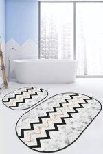 - RealHomes - Realhomes Mermer Zemin Zigzag Motifli 2'li Oval Kaymaz Tabanlı Banyo Paspas Takımı & Mutfak Paspas Seti Realhomes