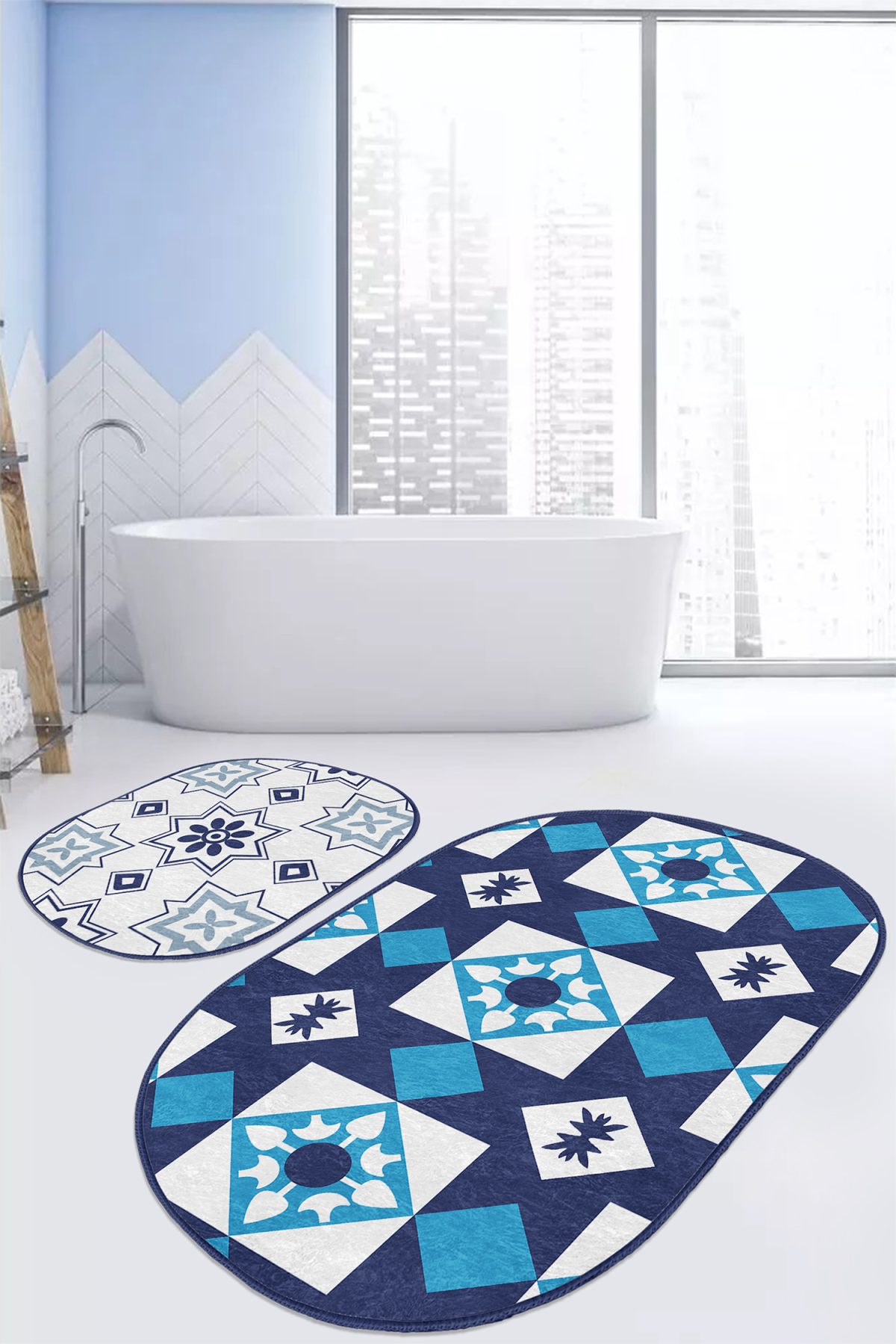 Geometrik Lacivert Çizimli 2'li Oval Kaymaz Tabanlı Banyo Halı Takılı & Klozet Paspas Seti Realhomes