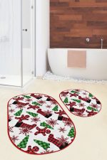 - RealHomes - Realhomes  Yılbaşı Ekose Çorap Tasarımlı 2'li Oval Kaymaz Tabanlı Mutfak Paspas Takımı & Banyo Paspas Seti Realhomes