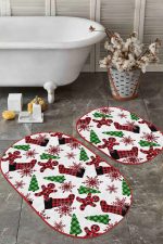 - RealHomes - Realhomes  Yılbaşı Ekose Çorap Tasarımlı 2'li Oval Kaymaz Tabanlı Mutfak Paspas Takımı & Banyo Paspas Seti Realhomes