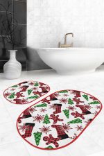 - RealHomes - Realhomes  Yılbaşı Ekose Çorap Tasarımlı 2'li Oval Kaymaz Tabanlı Mutfak Paspas Takımı & Banyo Paspas Seti Realhomes