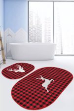 - RealHomes - Realhomes Kırmızı Ekose Geyik Motifli 2'li Oval Kaymaz Tabanlı Mutfak Paspas Seti & Banyo Paspas Takımı Realhomes