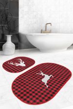 - RealHomes - Realhomes Kırmızı Ekose Geyik Motifli 2'li Oval Kaymaz Tabanlı Mutfak Paspas Seti & Banyo Paspas Takımı Realhomes