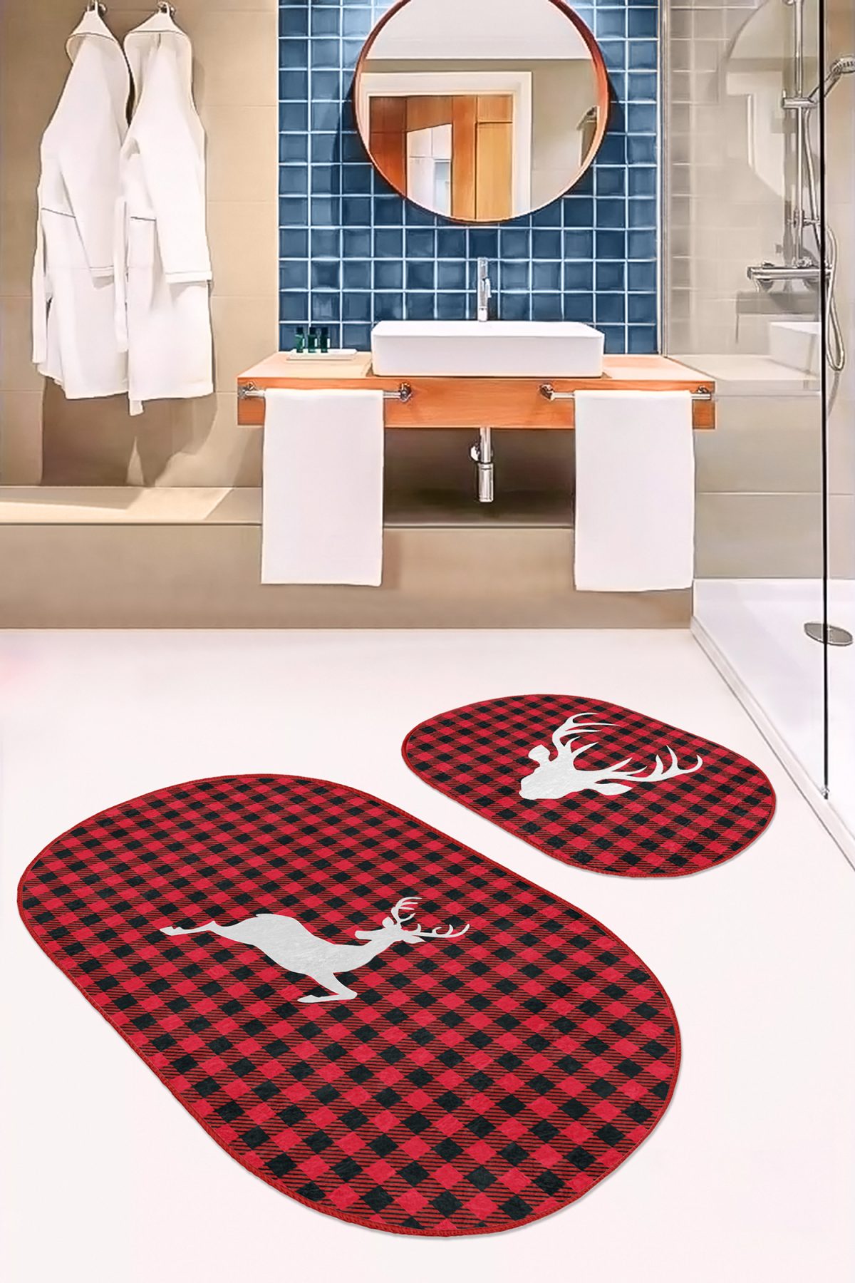 Kırmızı Ekose Geyik Motifli 2'li Oval Kaymaz Tabanlı Mutfak Paspas Seti & Banyo Paspas Takımı Realhomes