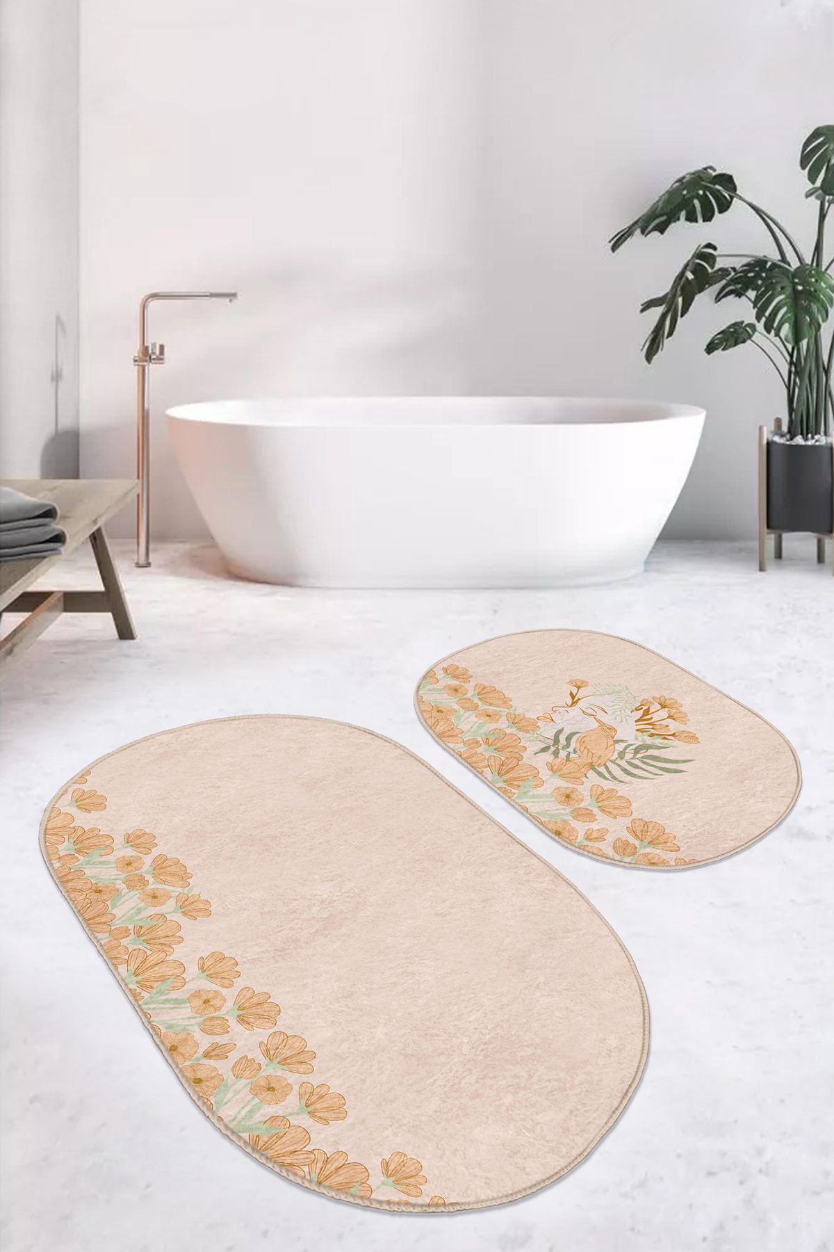 Pembe Zemin Papatya Motifli 2'li Oval Kaymaz Tabanlı Mutfak Halı Seti & Banyo Paspas Takımı Realhomes
