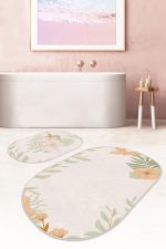 - RealHomes - Realhomes  Pembe Zemin Yaprak Tasarımlı 2'li Oval Kaymaz Tabanlı Banyo Paspas Takımı & Klozet Paspas Seti Realhomes