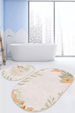 - RealHomes - Realhomes  Pembe Zemin Yaprak Tasarımlı 2'li Oval Kaymaz Tabanlı Banyo Paspas Takımı & Klozet Paspas Seti Realhomes