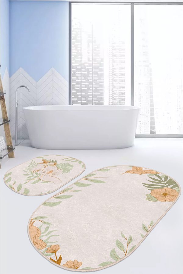 - RealHomes - Realhomes  Tüy Motifli Mandala Tasarımlı Dijital Baskılı 2'li Oval Kaymaz Tabanlı Banyo & Mutfak Paspas Takımı Realhomes