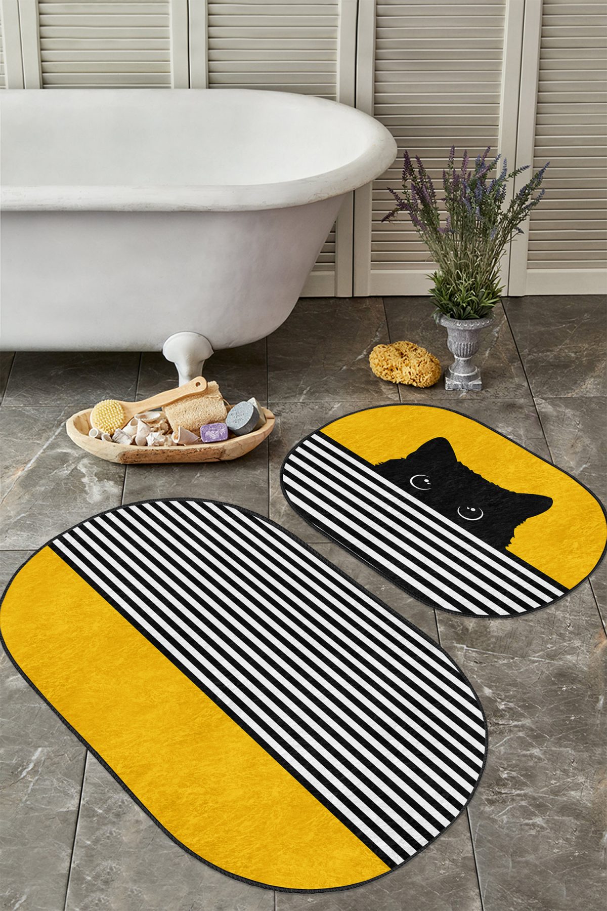 Sarı Motifli Kedi Desenli Çizgili 2'li Oval Kaymaz Tabanlı Banyo Paspas Seti & Mutfak Halı Takımı Realhomes
