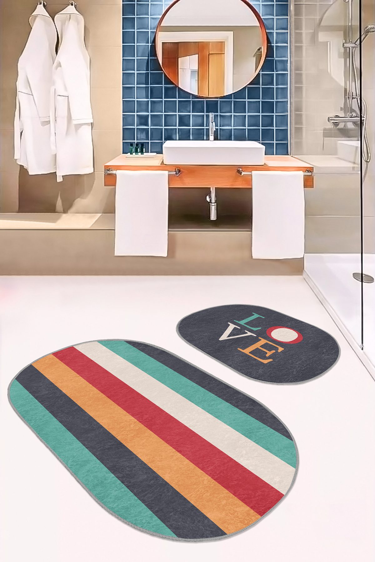 Renkli Love Temalı Renkli Çizgili 2'li Oval Kaymaz Tabanlı Mutfak Paspas Seti & Banyo Halı Takımı Realhomes