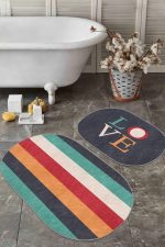 - RealHomes - Realhomes  Renkli Love Temalı Renkli Çizgili 2'li Oval Kaymaz Tabanlı Mutfak Paspas Seti & Banyo Halı Takımı Realhomes