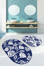 - RealHomes - Realhomes  Lacivert Beyaz Gül Tasarımlı 2'li Oval Kaymaz Tabanlı Mutfak Paspası Takımı & Banyo Paspas Seti Realhomes